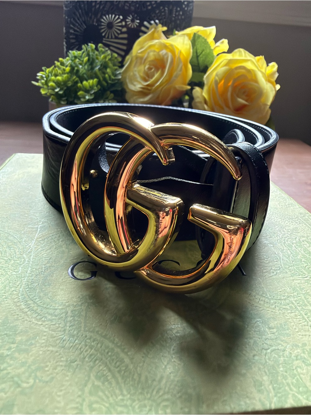 Gucci Black Leather Belt with Gold Double G Buckle